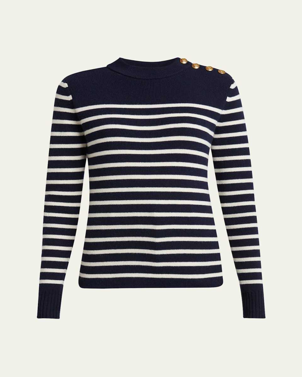 Button-Shoulder Striped Wool-Cashmere Sweater